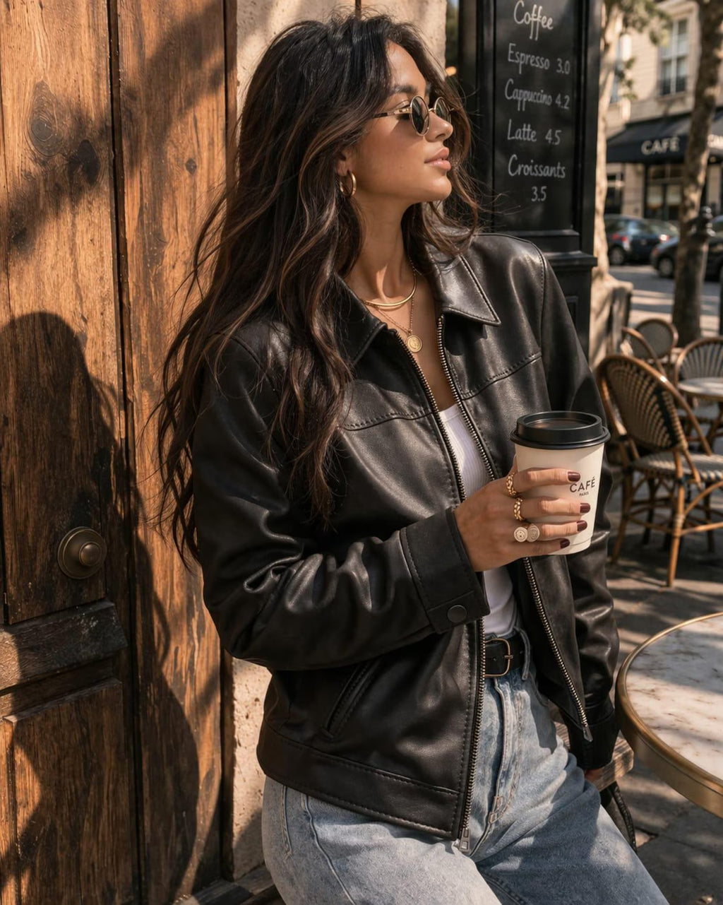 A woman wearing a black leather jacket, white top, and light blue jeans stands outdoors next to a rustic wooden door, holding a takeaway coffee cup.
