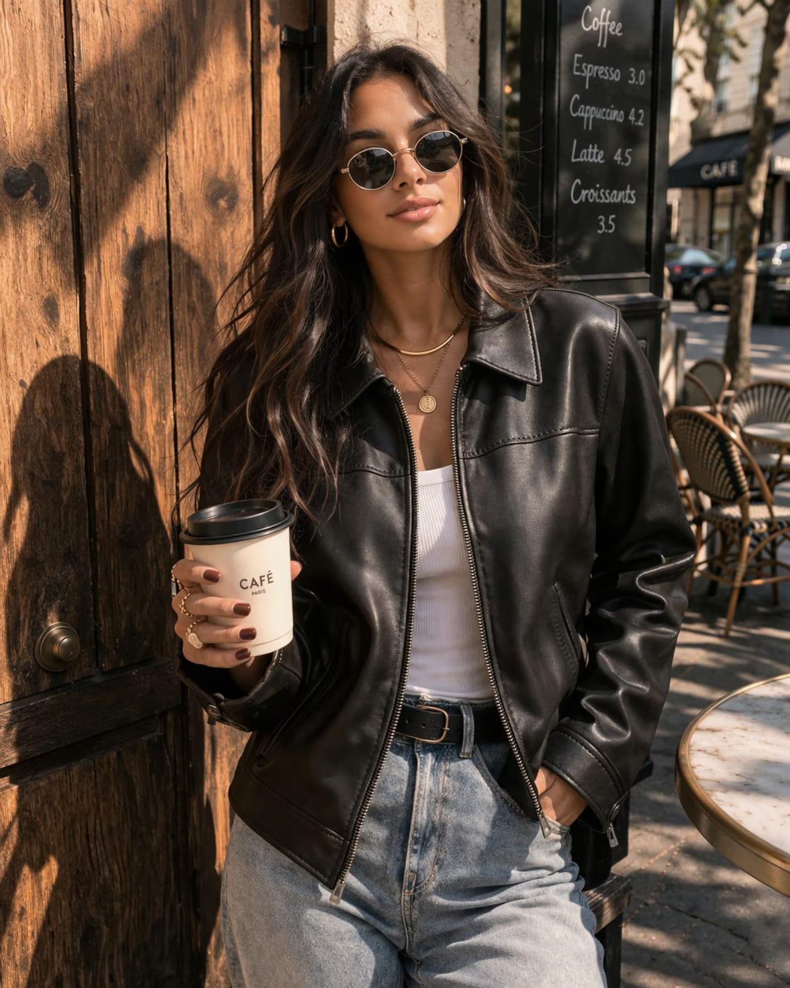 A woman wearing Premium Black Faux Leather Jacket For Women  — Slim Fit Moto Style Outwear | Northly