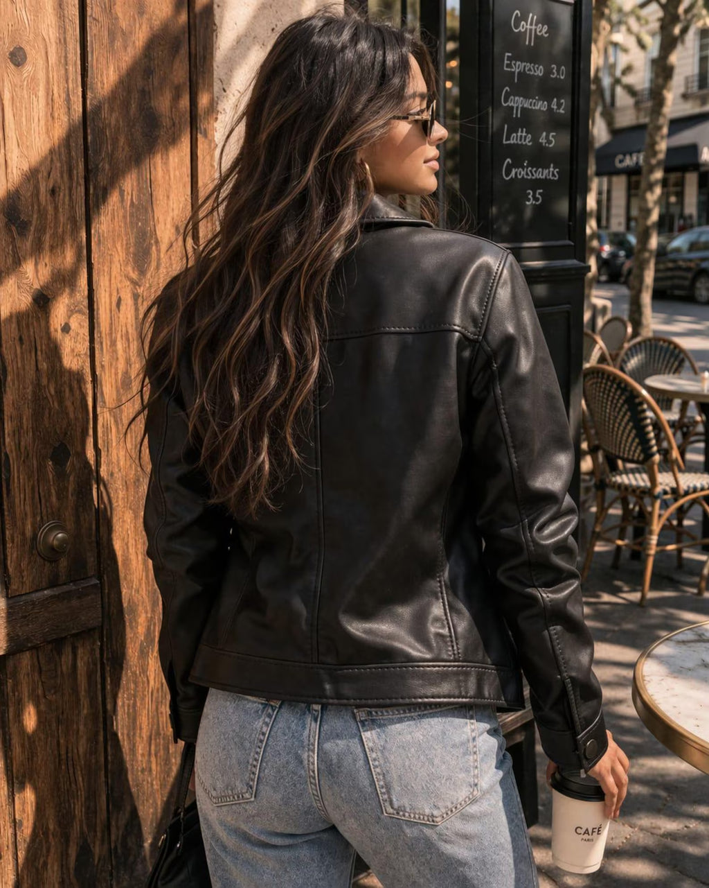 A woman wearing a black leather jacket and light blue jeans, standing outdoors next to a rustic wooden wall at a cafe.