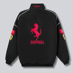 Black Ferrari jacket with red logo on a gray background