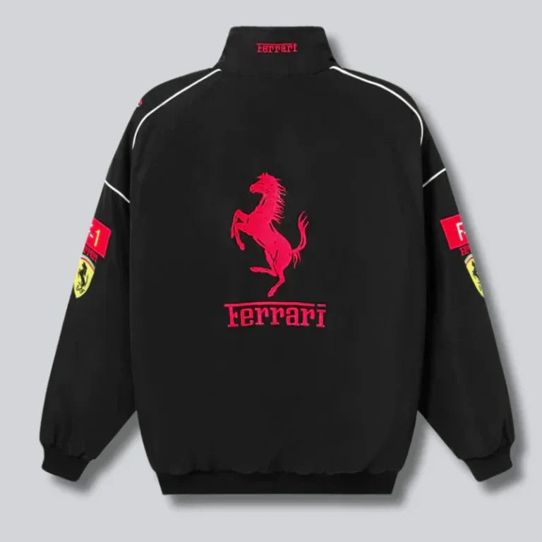 Black Ferrari jacket with red logo on a gray background