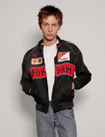 Front view of model wearing a streetwear Black Ferrari Racing Jacket with a relaxed fit