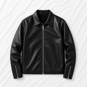 Black leather jacket on a light gray background