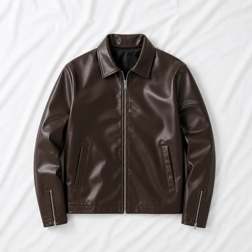 Brown leather jacket on a white background