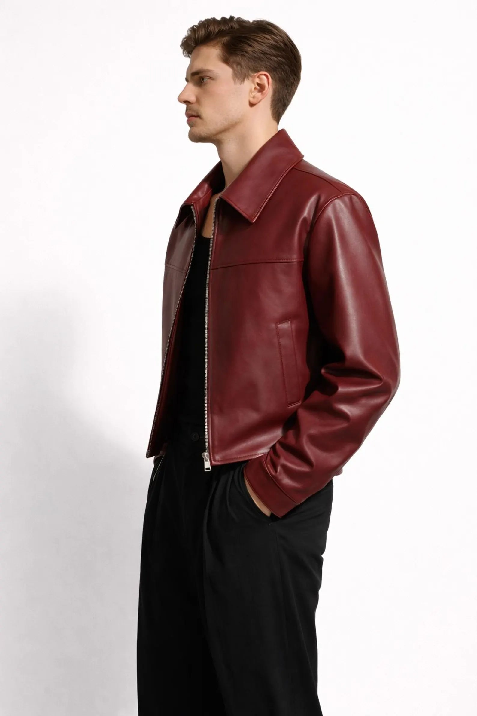 Close-Up of Northly Burgundy Vegan Leather Moto Jacket Texture
