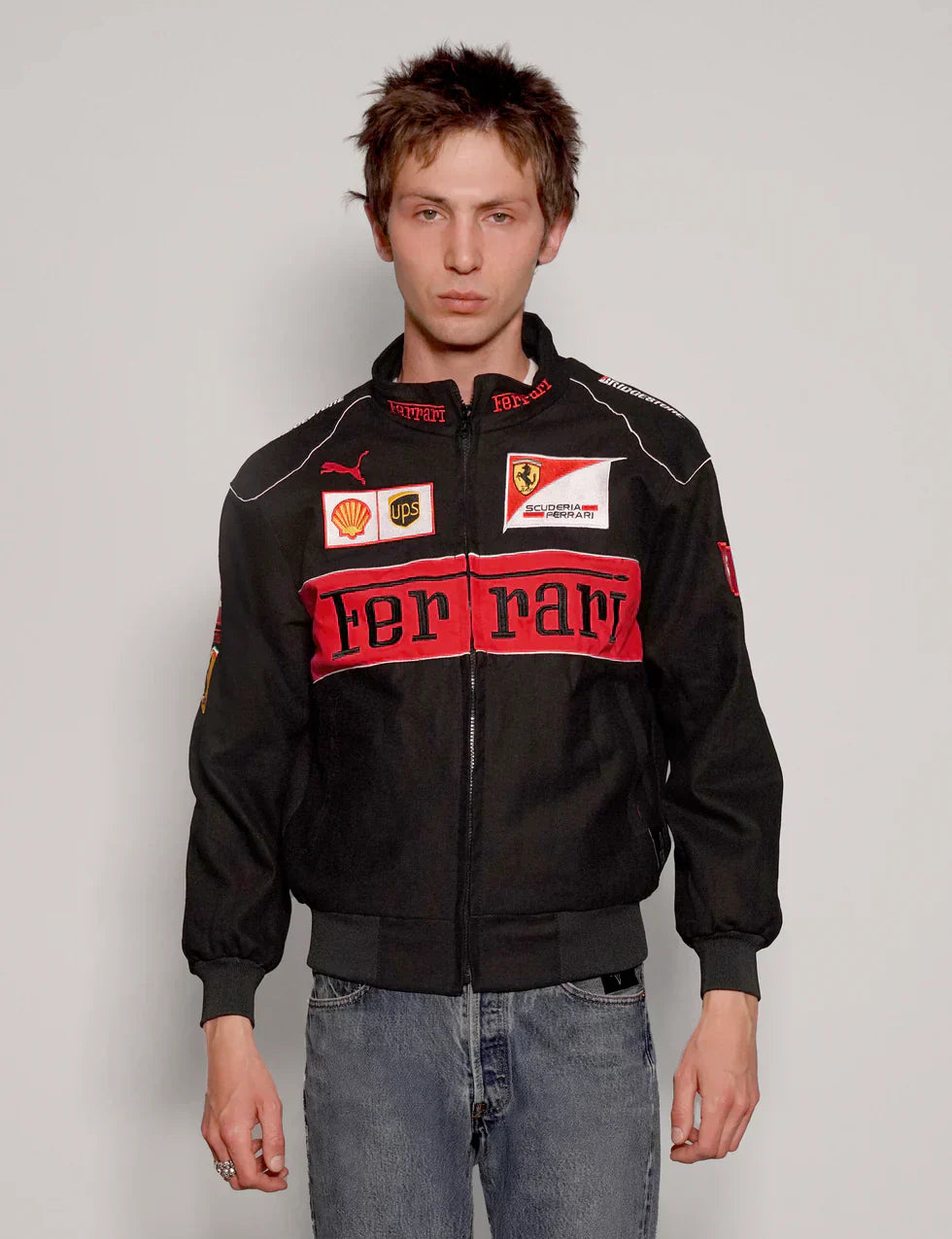 Close up detail of parachute fabric on the lightweight black ferrari jacket