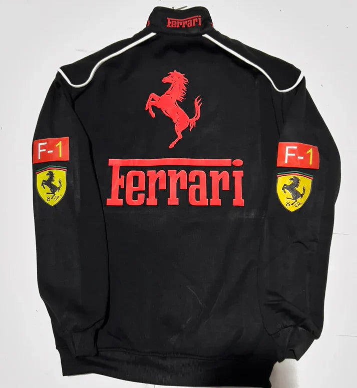 Black Ferrari sweatshirt with red logo and text on a white background