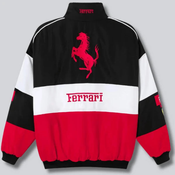Ferrari jacket with red horse logo on a gray background