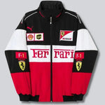 Ferrari jacket with logos on a gray background