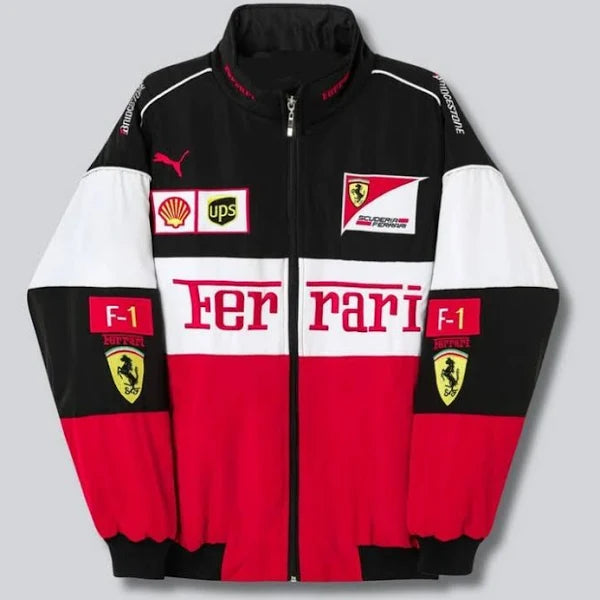 Ferrari jacket with logos on a gray background
