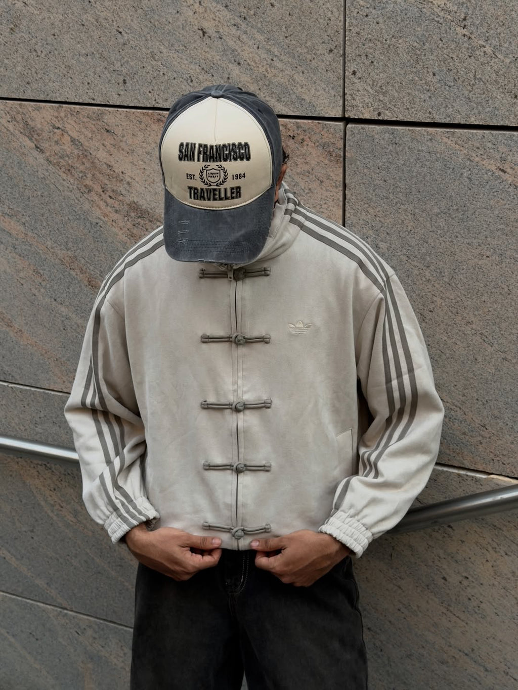 Northly Mens White CNY Jacket featuring a crisp Mandarin collar and traditional pankou knot buttons