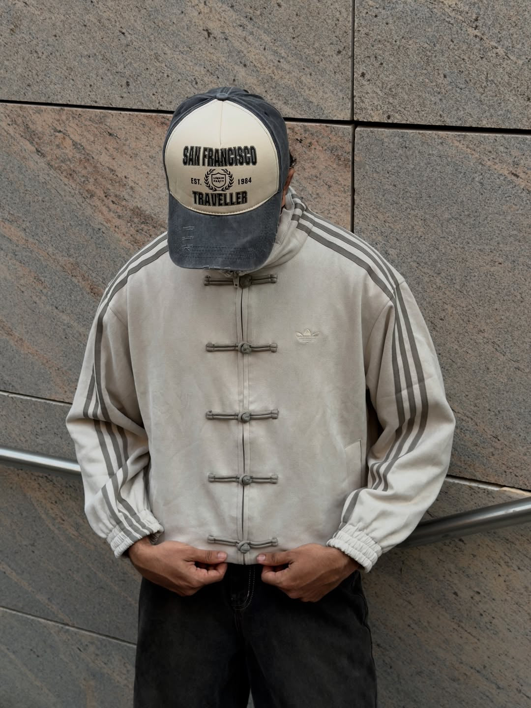 Northly Mens White CNY Jacket featuring a crisp Mandarin collar and traditional pankou knot buttons