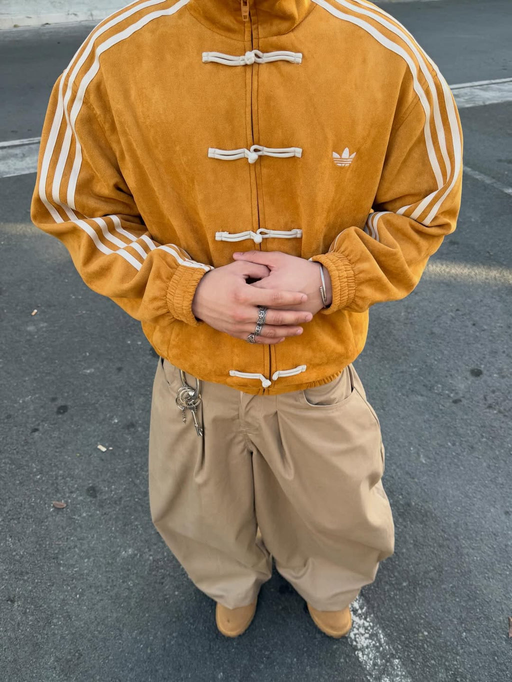 Man wearing Northly CNY Yellow Jacket – Adidas Chinese New Year Inspired Mustard Track Jacket Street Style