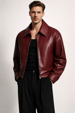 Northly Men Maroon Faux Leather Jacket Front View