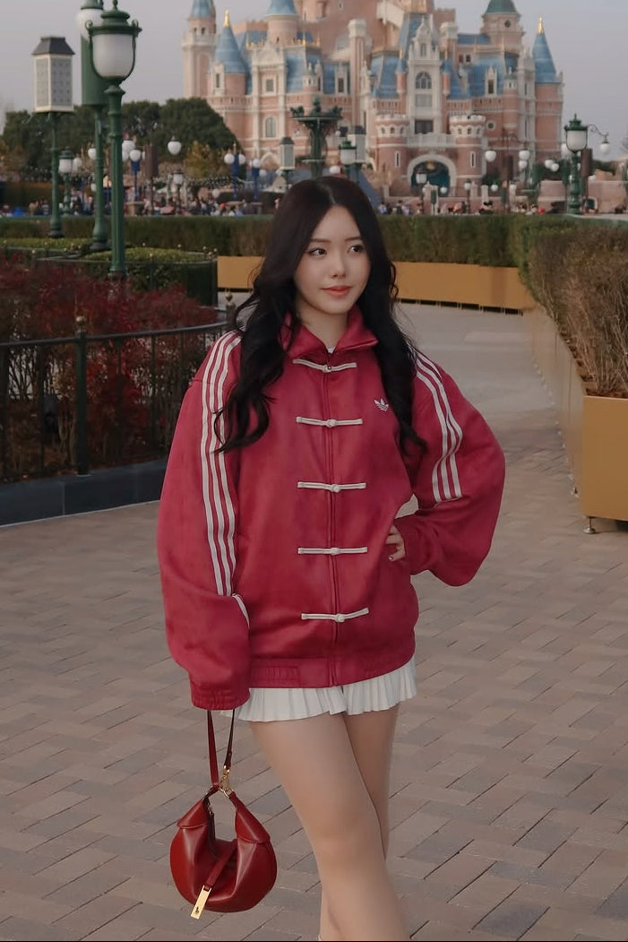 Northly premium women crimson red cny jacket streetwear front view