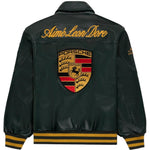 Genuine leather texture detail of green Porsche leather jacket