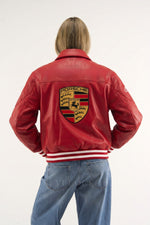 Premium red leather racing jacket for women with fitted silhouette - back view