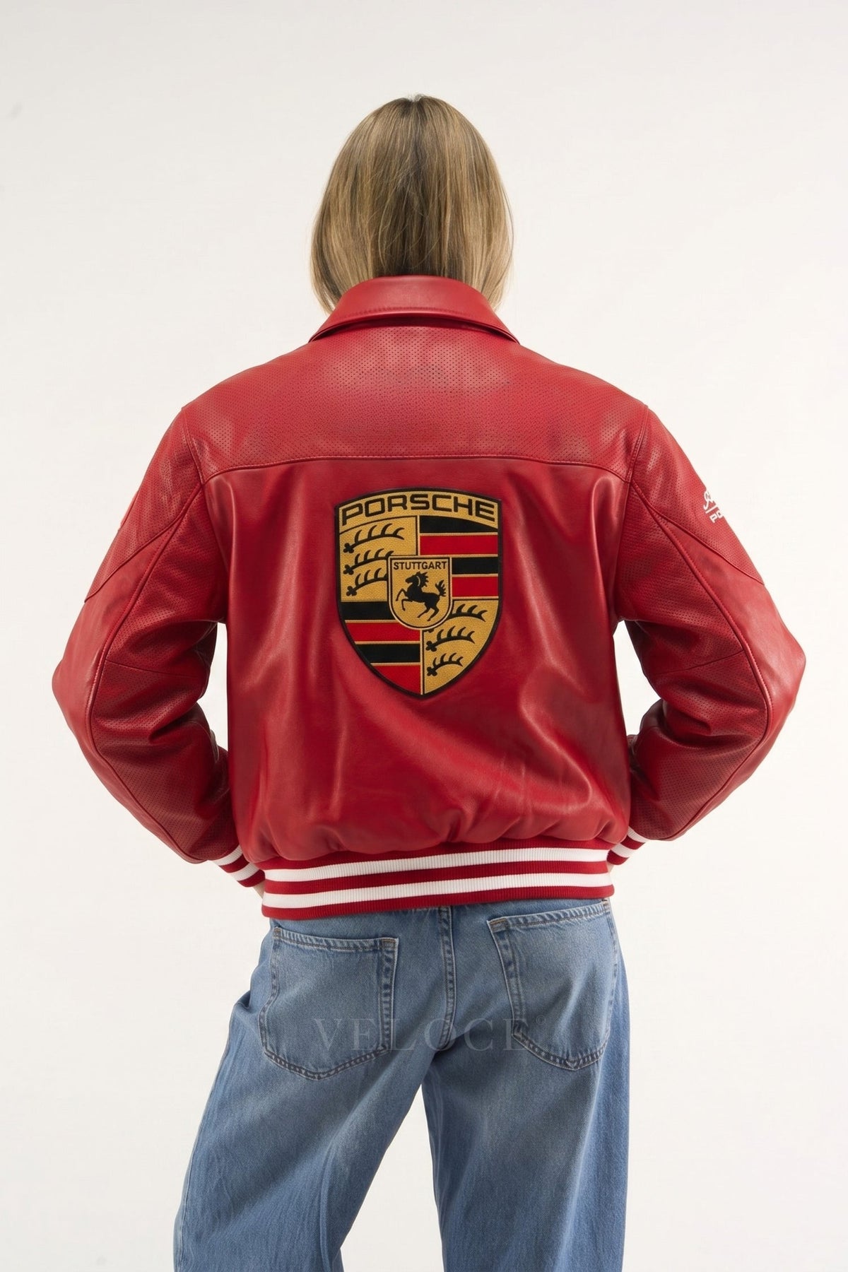 Premium red leather racing jacket for women with fitted silhouette - back view