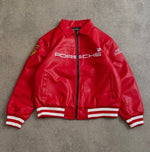 Genuine leather texture detail of red racing Porsche jacket for men