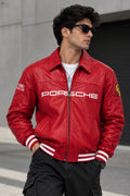 Red Porsche racing leather jacket for men - front view