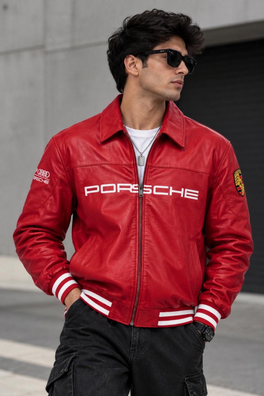 Red Porsche racing leather jacket for men - front view