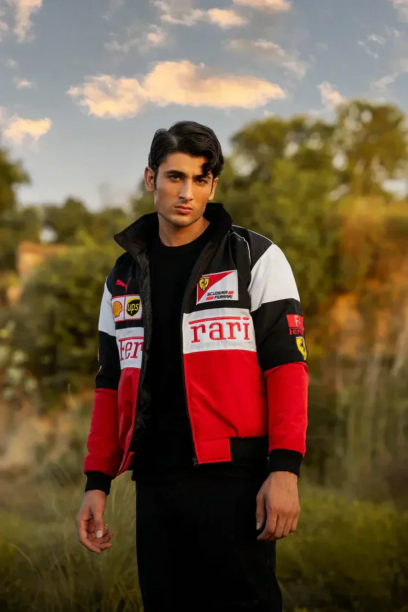 Person wearing a Ferrari jacket in an outdoor setting