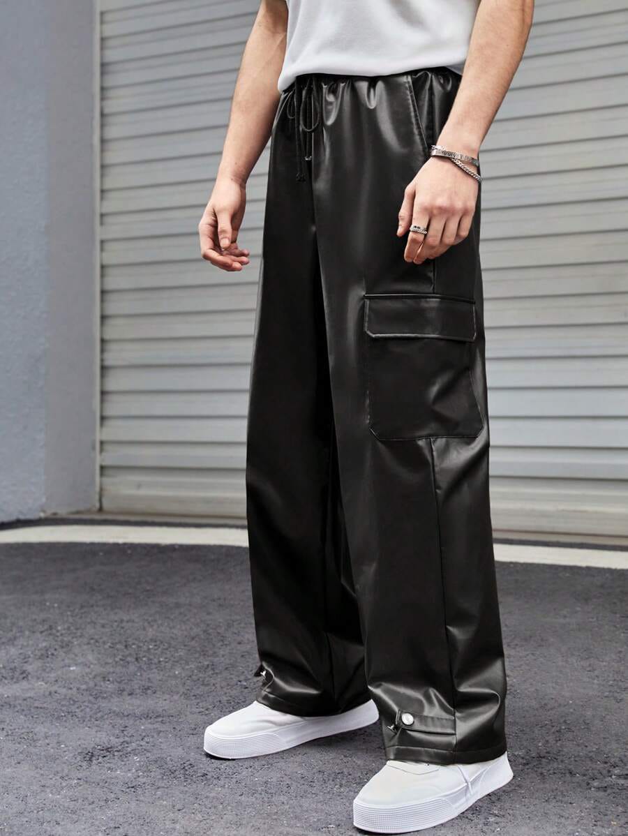Unisex Black Faux Leather Cargo Pants – Streetwear Wide-Leg Trousers | Northly