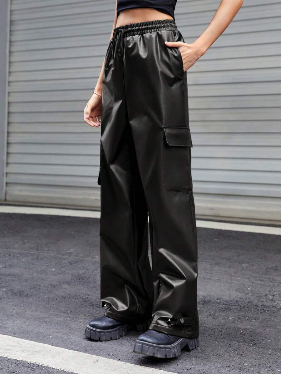 Unisex Black Faux Leather Cargo Pants – Streetwear Wide-Leg Trousers | Northly