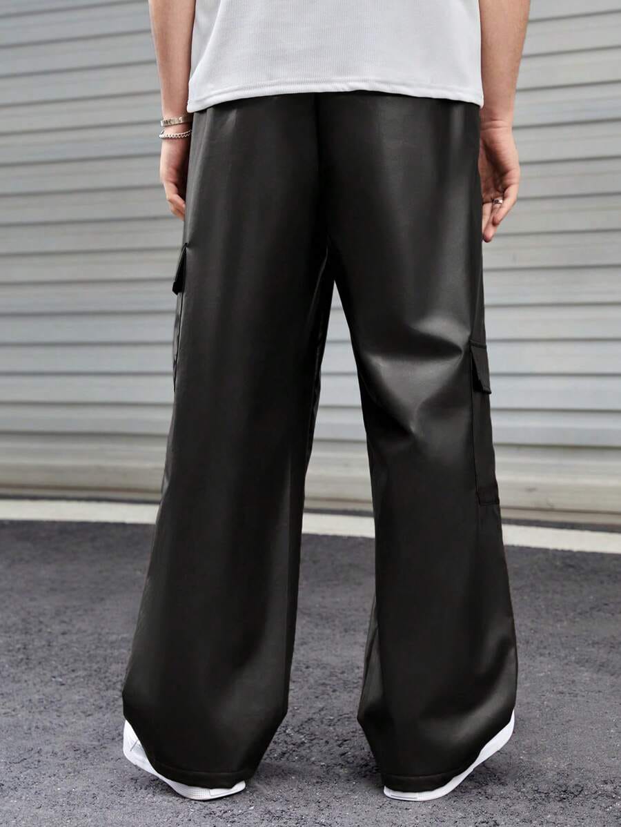 Unisex Black Faux Leather Cargo Pants – Streetwear Wide-Leg Trousers | Northly