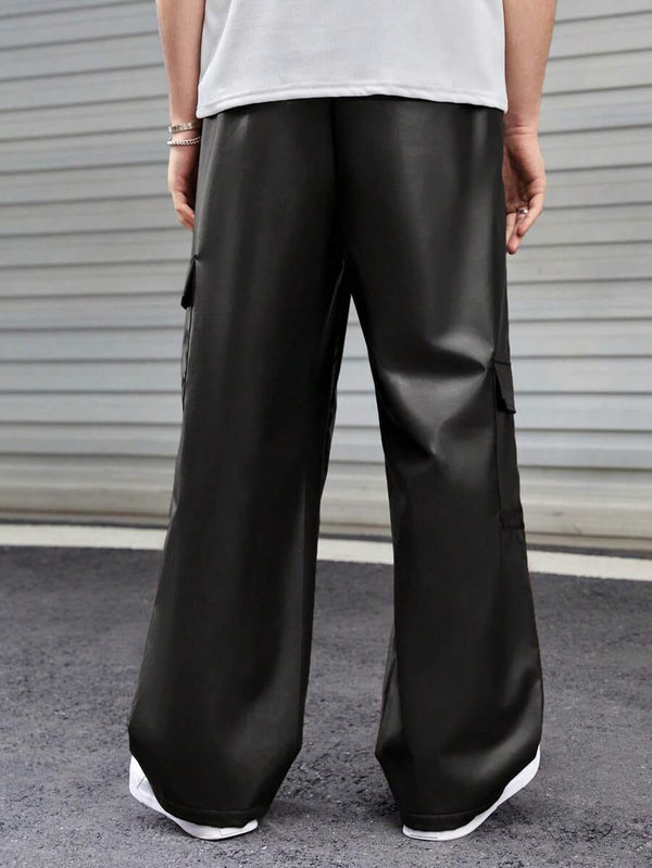 Unisex Black Faux Leather Cargo Pants – Streetwear Wide-Leg Trousers | Northly
