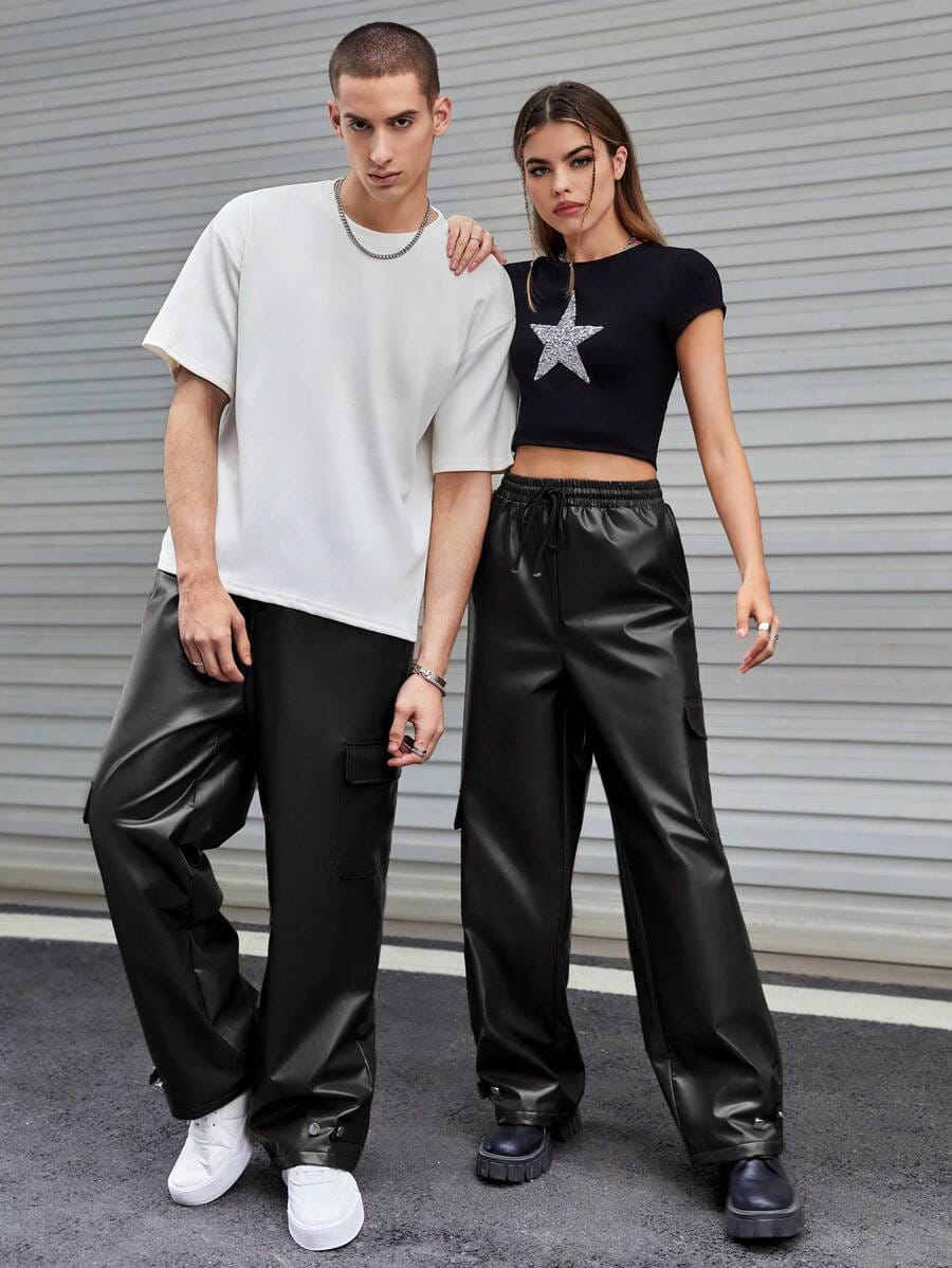 Unisex Black Faux Leather Cargo Pants – Streetwear Wide-Leg Trousers | Northly
