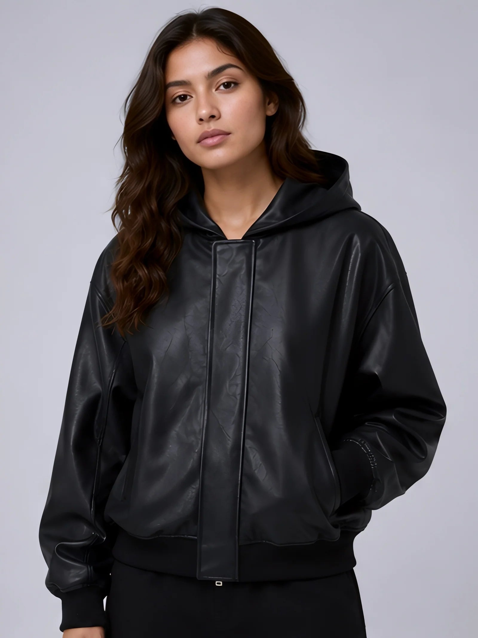 Women Hooded Faux Black Leather Jacket Under 1899 | Northly