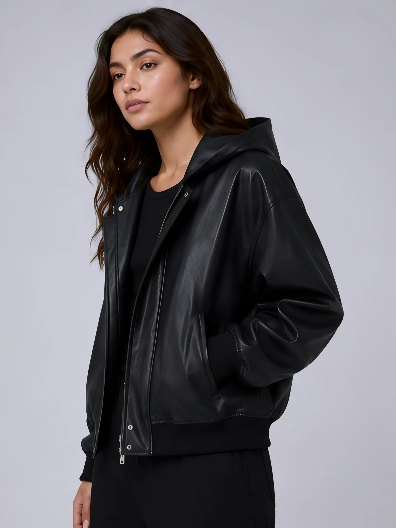 Women Hooded Faux Black Leather Jacket Under 1899 | Northly