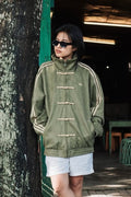 Northly Womens Olive Green CNY Jacket featuring a traditional Mandarin collar and authentic pankou knot buttons