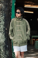 Northly Womens Olive Green CNY Jacket featuring a traditional Mandarin collar and authentic pankou knot buttons