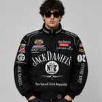 Front view of the vintage jack daniels racing jacket with premium logo prints