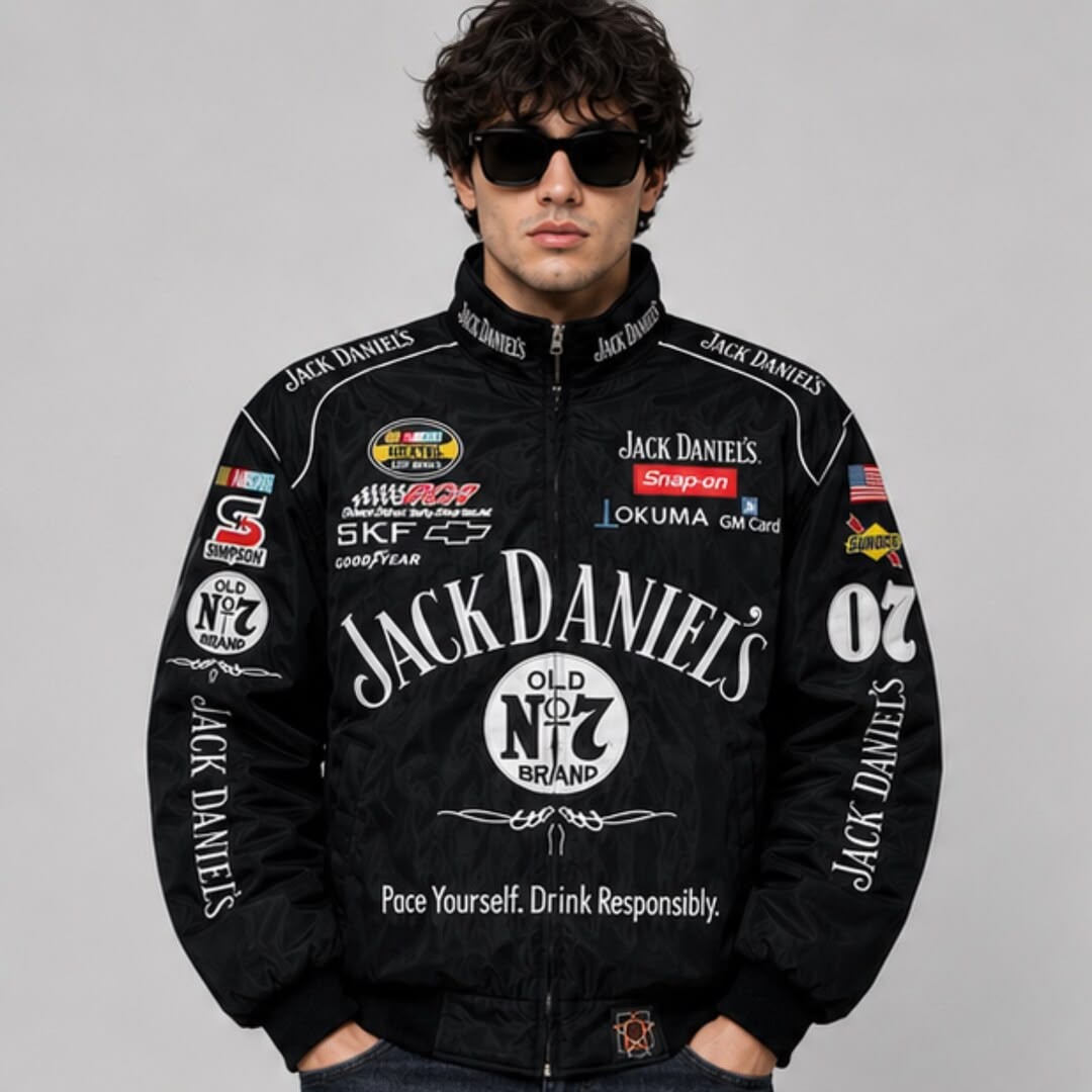 Front view of the vintage jack daniels racing jacket with premium logo prints