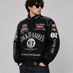 Close up details of the lightweight jack daniels windbreaker jacket made from weather-resistant fabric