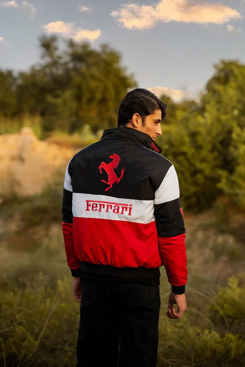 Tri-Color Ferrari Racing Bomber Jacket – Premium Motorsport Streetwear | Northly