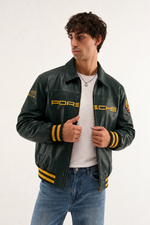 Close-up of racing patches on green Porsche leather jacket