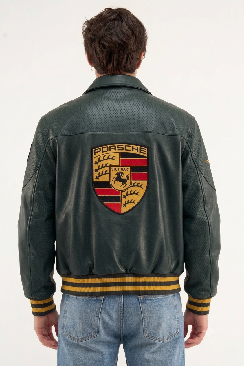 Northly green Porsche leather jacket By Northly - back view