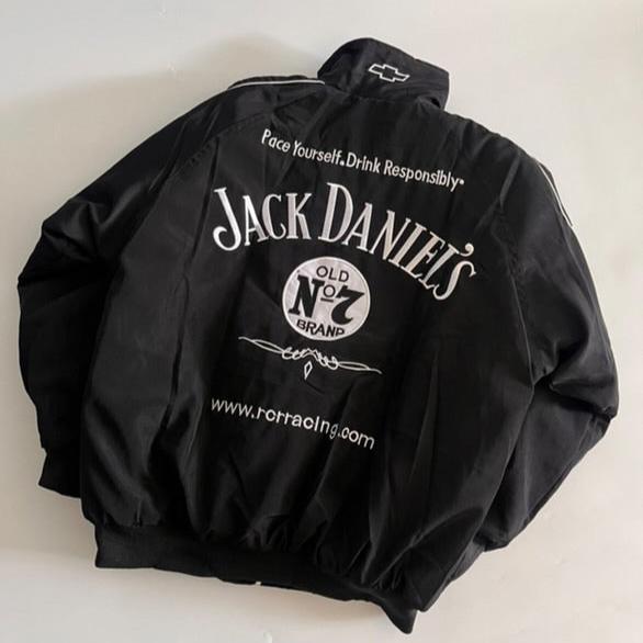 Black jacket with Jack Daniel's branding on a light background