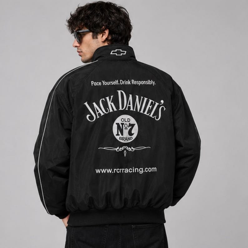 Back view showing high-definition prints on the jack daniels whiskey graphic jacket