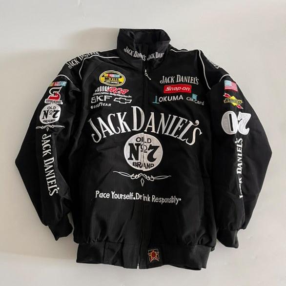 Close up details of the lightweight jack daniels windbreaker jacket for women showing weather-resistant fabric