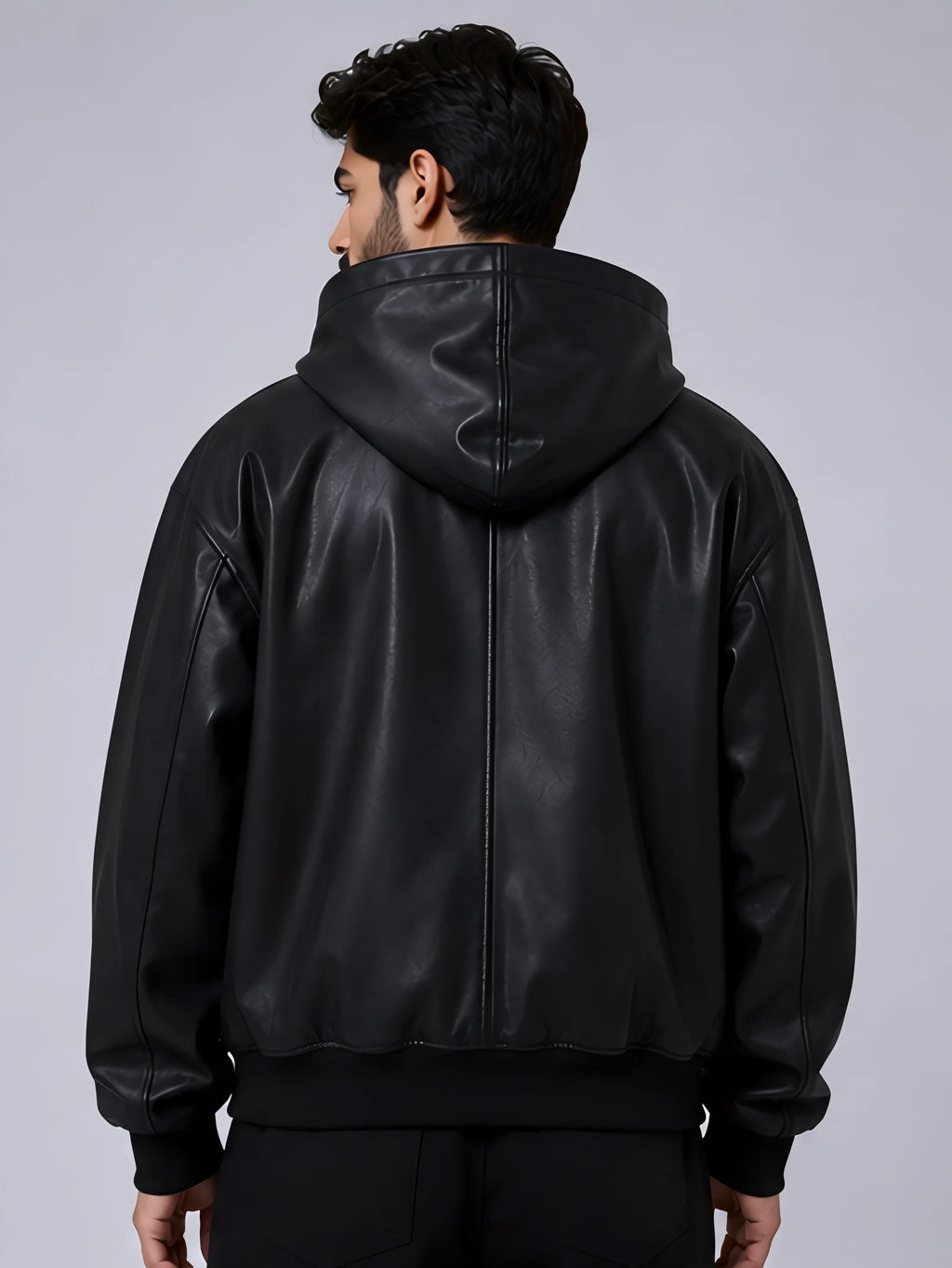 A man viewed from the back wearing a black leather hooded jacket against a plain light gray studio background.