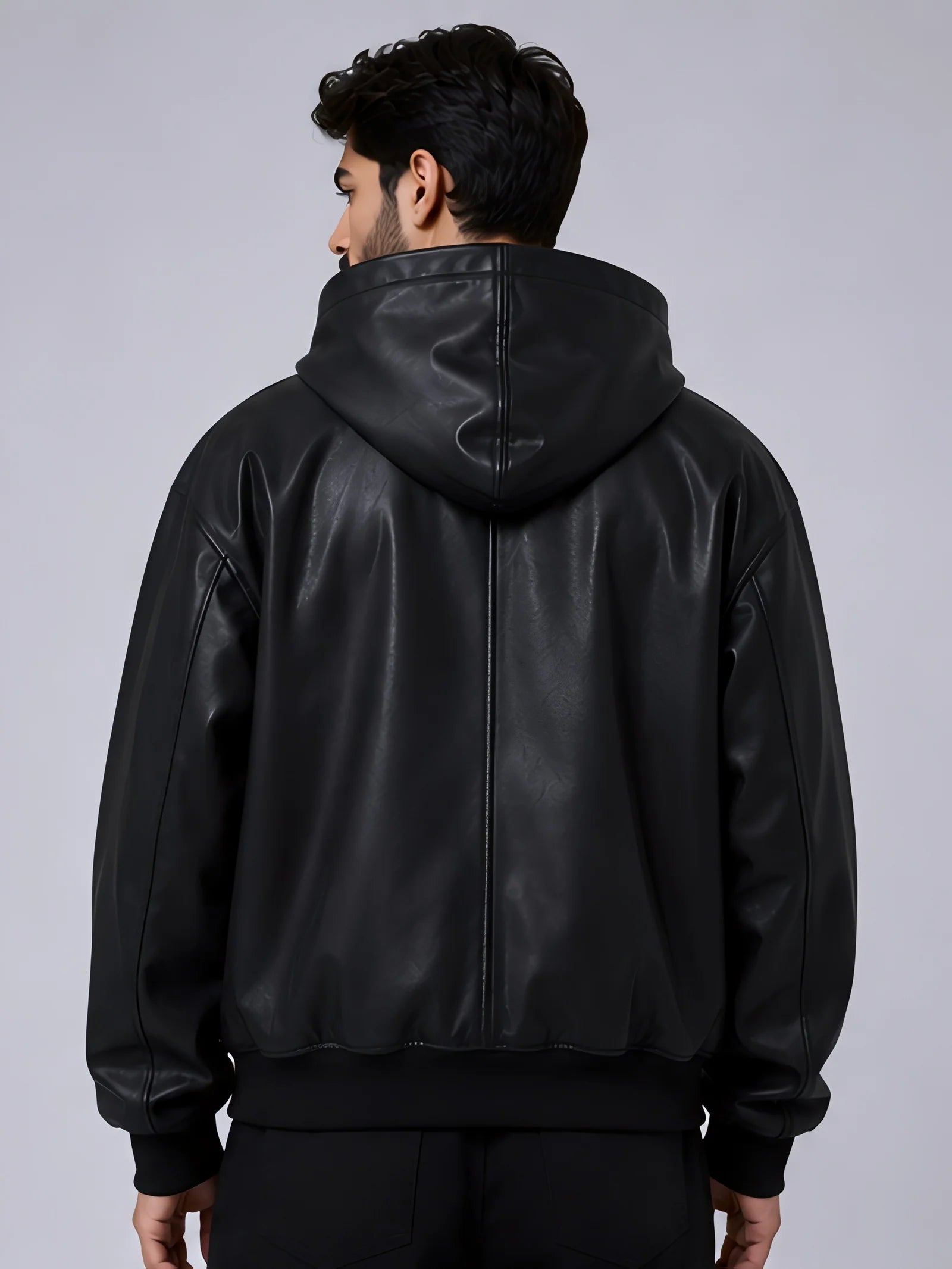 A man viewed from the back wearing a black leather hooded jacket against a plain light gray studio background.