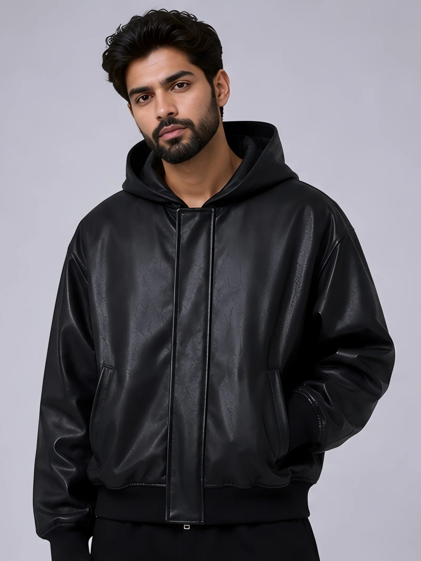 Men Hooded Faux Black Leather Jacket Under 1899 | Northly