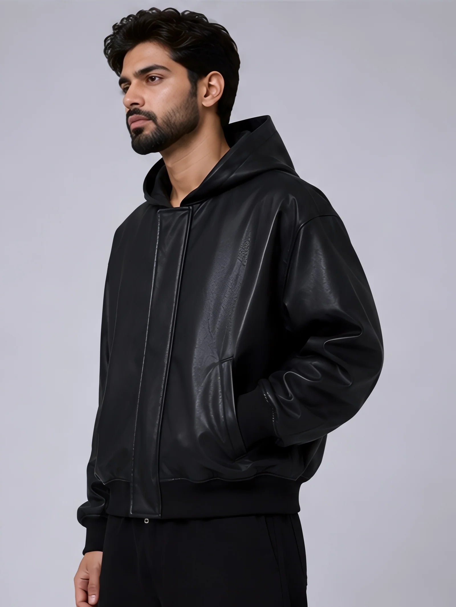 Men Hooded Faux Black Leather Jacket Under 1899 | Northly