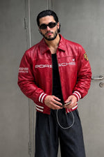 Northly red Porsche-inspired racing leather jacket for men front view