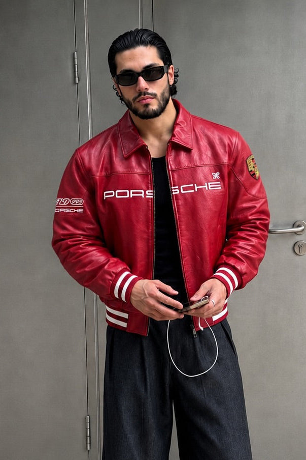 Northly red Porsche-inspired racing leather jacket for men front view